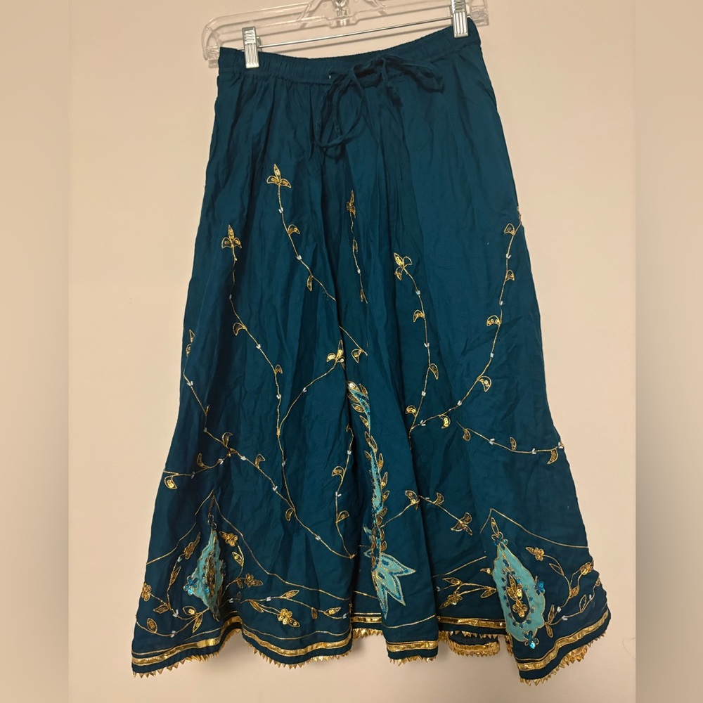 100% cotton blue Embroidered Skirt with shiny gold accents